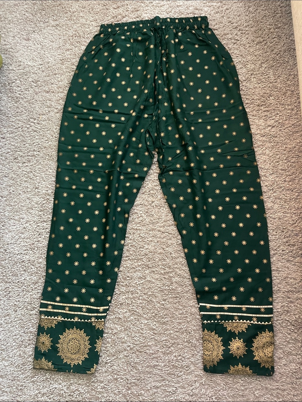 Green Straight-Leg Pants with Gold Medallion Print